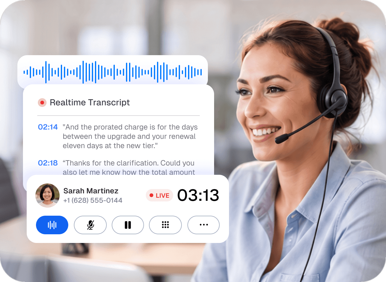 Orbit's live call view showing a real-time transcript of an in-progress support call — a live waveform, a LIVE badge, and a running 03:13 call timer.